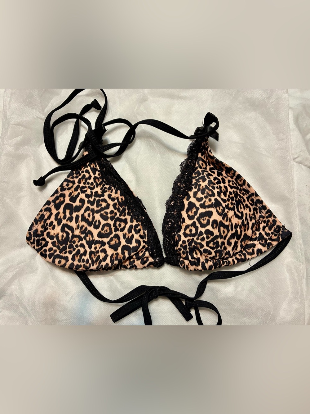 Leopard Print Triangle String Bikini with Black Lace Trim - Black/Tan Size M